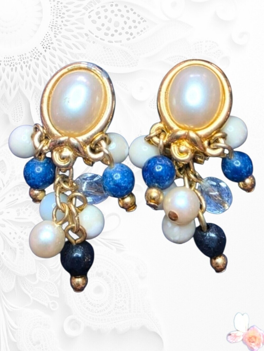 LCI Clip On Dangle Earrings Faux Pearl Blue Bead Gold Tone Vintage 856